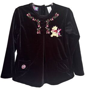 Vintage Disney Pooh Black Velour Floral Embroidered Tunic Kids 6 cute storybook
